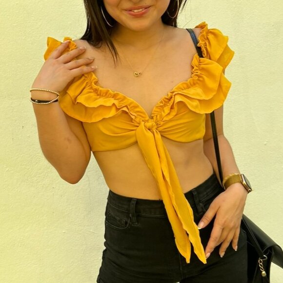 Ruffle Off-shoulder Front-tie Top - Picture 2 of 2